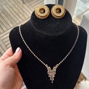 Elegant Set of Gold-tone Circle Clip-on Earrings and AB Crystal Necklace